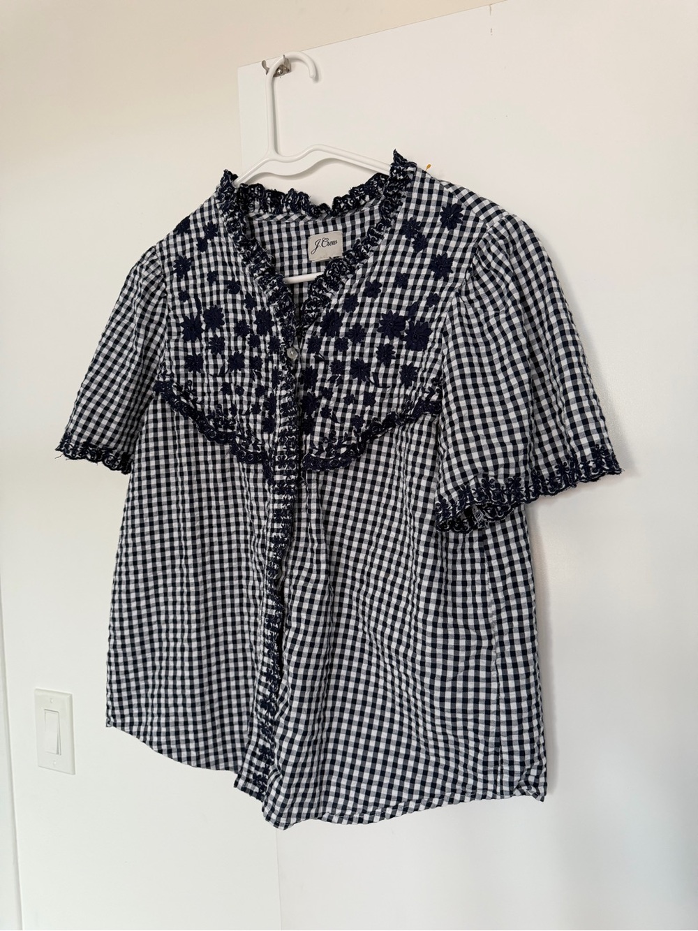 J. Crew Navy & White Gingham Embroidered Ruffle Blouse